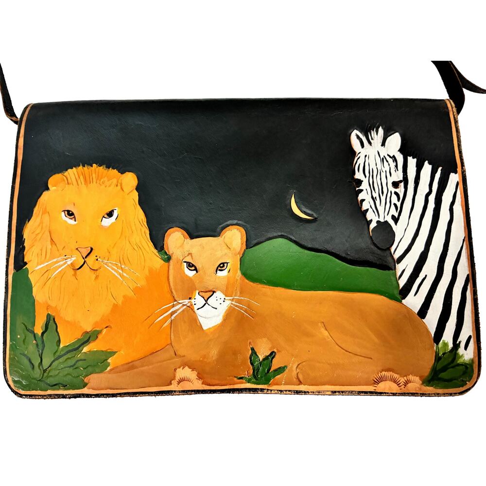 Diane Weiss NYC Hand-Tooled Hand-Painted Leather Crossbody Safari Scene Vintage